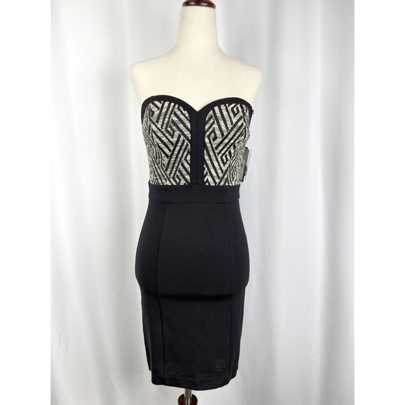 black and cream strapless dress Mac Duggal Strapless Polka Dot Charmeuse Ruffle Gown main image 0